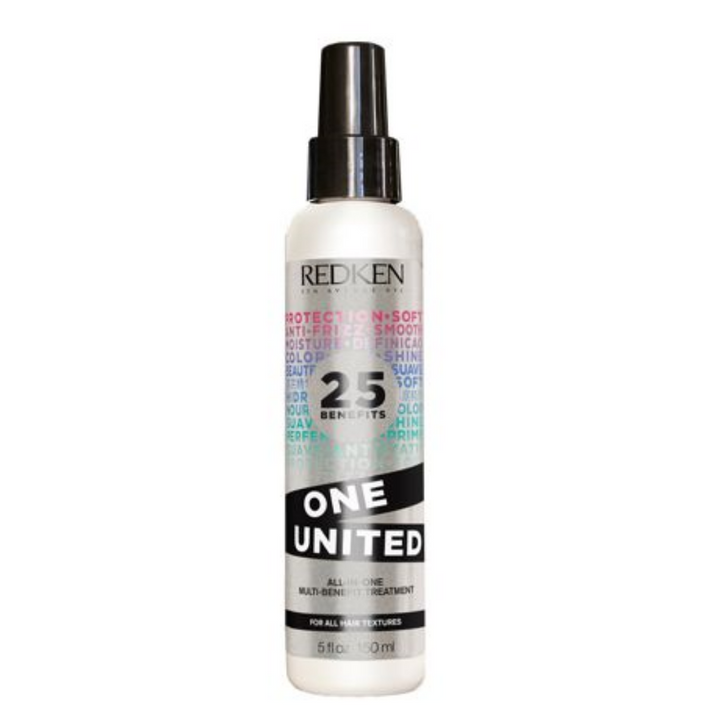 Format 150 ml
Flacon spray REDKEN One United traitement multi-bénéfices 150 ml blanc avec pompe noire et étiquette colorée sur fond blanc