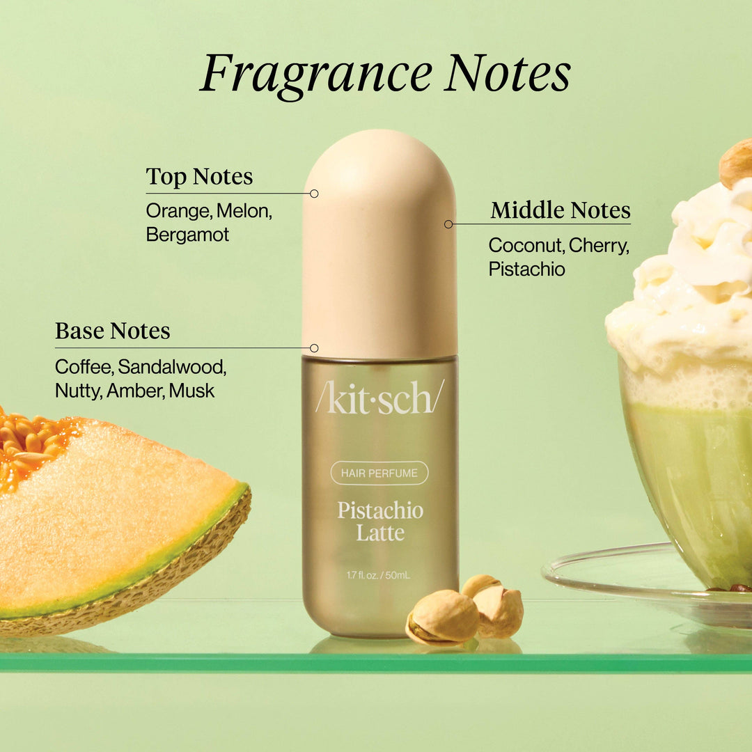 Parfum pour cheveux KITSCH Pistachio Latte accompagné de pistaches, melon et latte à la pistache illustrant les notes olfactives : orange, bergamote, noix de coco, pistache, café, bois de santal et musc.