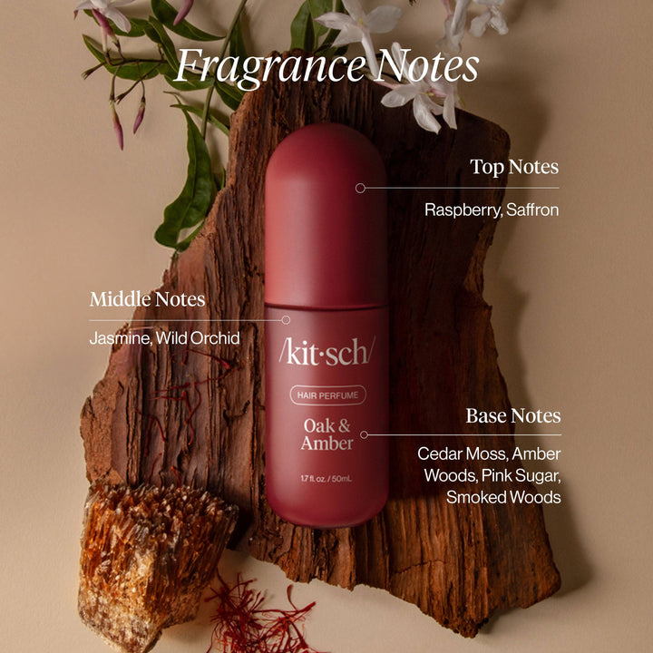 Flacon et emballage du parfum pour cheveux KITSCH Chêne & Ambre 50 ml, design bordeaux mat sur fond blanc, photo produit officielle.