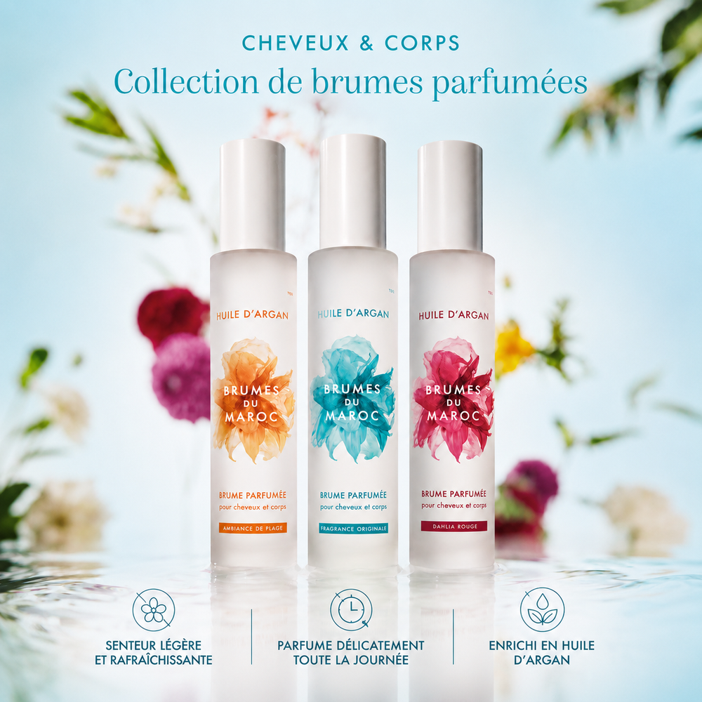 Collection de brumes parfumées Moroccanoil cheveux et corps avec trois flacons blancs givrés et texte descriptif sur fond aquatique floral élégant et lumineux.