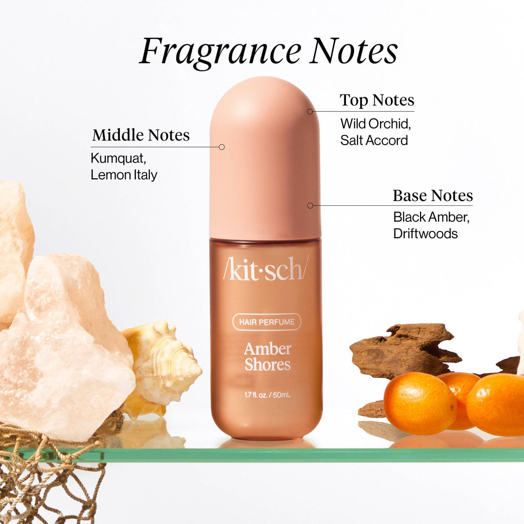 Boîte et flacon du parfum pour cheveux KITSCH Amber Shores 50 ml rose poudré sur fond blanc, présentation officielle du produit.