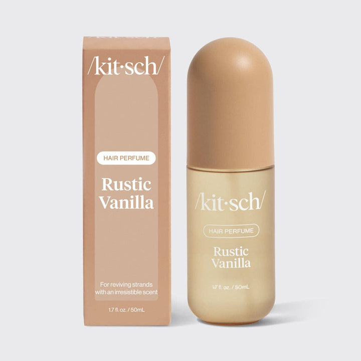 Parfum pour cheveux KITSCH Vanille Rustique 50 ml présenté avec son emballage brun sur fond blanc. Flacon brun givré au design minimaliste, parfum capillaire boisé à la vanille.