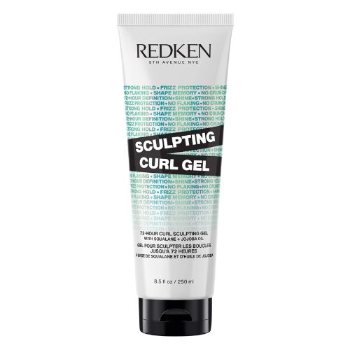 Tube REDKEN Gel pour sculpter les boucles 250 ml  bouteille blanche avec bouchon noir pour définir et sculpter les boucles sur fond blanc.