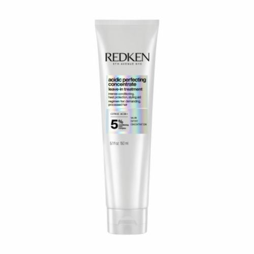 Tube REDKEN Acidic Perfecting Concentrate traitement sans rinçage 150 ml gris clair avec étiquette  pour cheveux abîmés sur fond blanc.