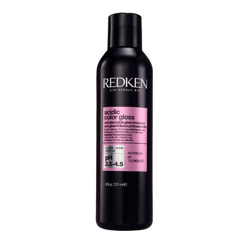 Flacon REDKEN Acidic Color Gloss 237 ml, traitement gloss brillance pour cheveux colorés, bouteille noire avec étiquette rose sur fond blanc.