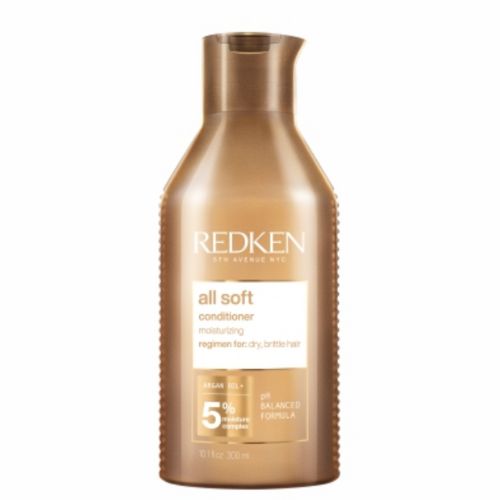 Après-shampooing Redken All Soft format 300 ml en bouteille dorée, soin hydratant à l’huile d’argan pour cheveux secs et cassants, présenté sur fond blanc.