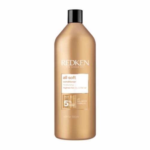 Après-shampooing Redken All Soft format 1 litre en bouteille dorée, soin hydratant à l’huile d’argan pour cheveux secs et cassants, présenté sur fond blanc.