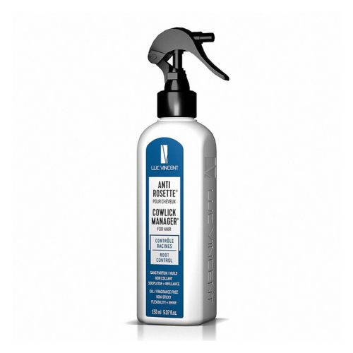 Flacon LUC VINCENT Antirosette 150 ml, spray coiffant pour éliminer les rosettes et mèches rebelles, étiquette blanche et bleu, bouchon noir