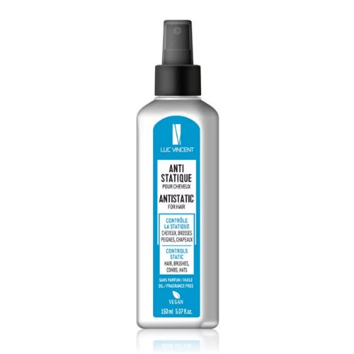 Flacon blanc LUC VINCENT Antistatique 60 ml, spray coiffant contre l’électricité statique des cheveux, bouchon noir, étiquette blanche et bleu