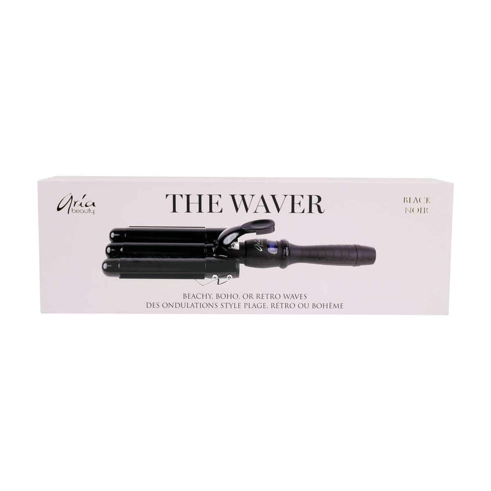 Boîte de présentation ARIA Beauty The Waver noire et rose pâle montrant un onduleur triple tube noir conçu pour réaliser des ondulations style plage, rétro ou bohème.