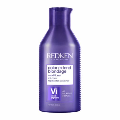 Après-shampooing Redken Color Extend Blondage format 300 ml en bouteille violette, soin neutralisant aux pigments violets pour cheveux blonds, fond blanc minimaliste.
