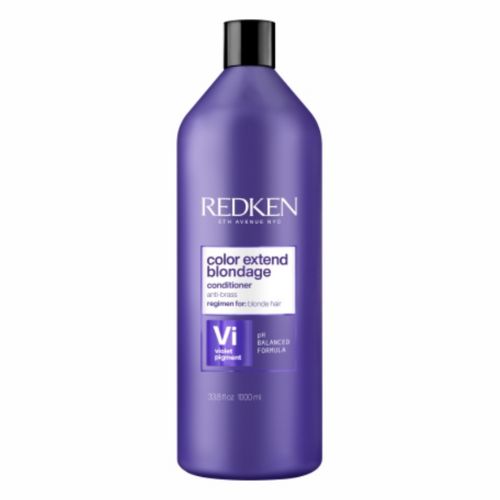 Après-shampooing Redken Color Extend Blondage 1 litre en bouteille violette, soin neutralisant aux pigments violets pour cheveux blonds, fond blanc minimaliste.
