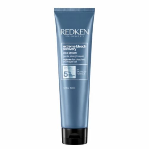 Tube bleu REDKEN Extreme Bleach Recovery Cica-Cream 150 ml avec bouchon noir, soin sans rinçage pour cheveux décolorés et abîmés, fond blanc.