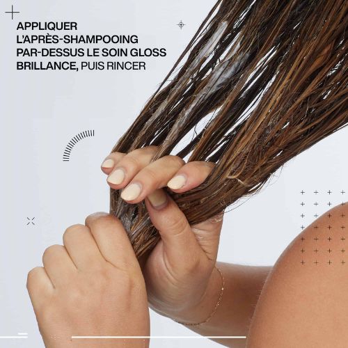 Main appliquant un revitalisant sur cheveux humides avec texte appliquer après le shampoing puis rincer.
