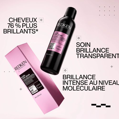Bouteille REDKEN Acidic Color Gloss noire avec étiquette rose et boîte rose, visuel promotionnel indiquant cheveux 76 % plus brillants.
