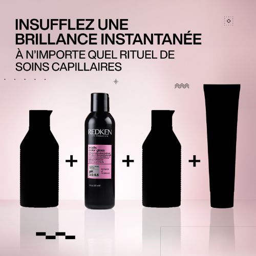 Flacon REDKEN Acidic Color Gloss au centre avec silhouettes de produits de la gamme sur fond rose, visuel routine capillaire.