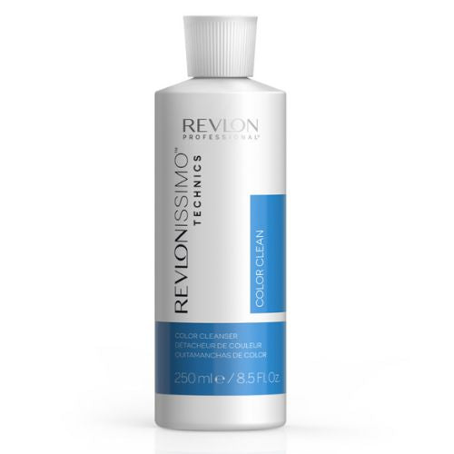Flacon REVLON Revlonissimo Technics Color Clean 250 ml, détachant coloration, bouteille blanche avec bande bleue et bouchon blanc, présenté sur fond blanc.