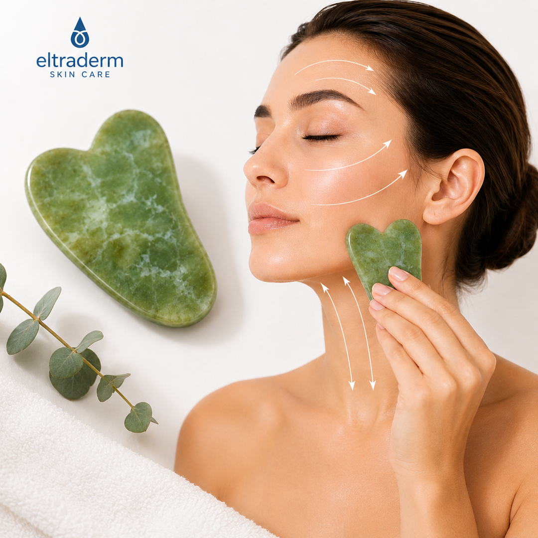 Femme utilisant un Gua Sha facial Eltraderm en jade Xiuyan vert sur la mâchoire avec indications des mouvements de massage ascendants. Outil de soins du visage conçu pour favoriser le drainage lymphatique, améliorer l'éclat de la peau, détendre les tensions faciales et définir les contours du visage.
