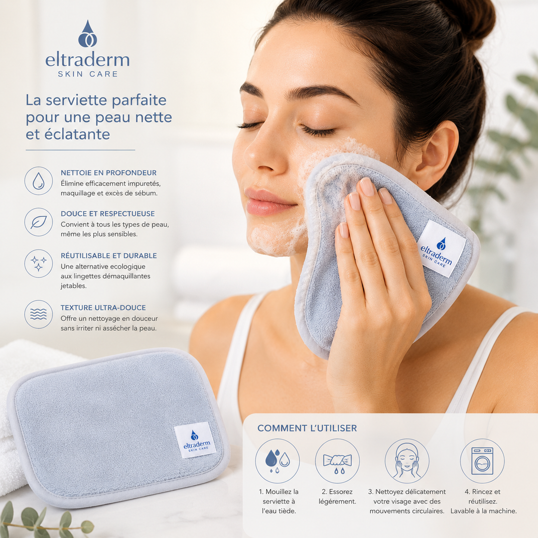 Femme utilisant la serviette nettoyante pour le visage Eltraderm en microfibres gris pâle pour retirer délicatement les impuretés et le maquillage. Visuel démontrant une routine de nettoyage douce, réutilisable et adaptée aux peaux sensibles.