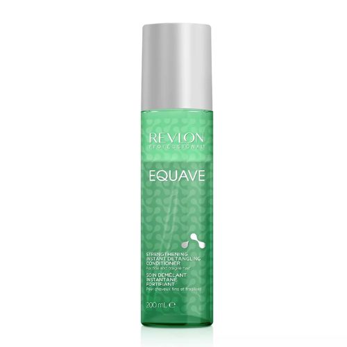 Flacon REVLON Equave Volumateur 200 ml, soin démêlant bifasé pour cheveux fins, bouteille verte pale avec vaporisateur, présenté sur fond blanc professionnel.