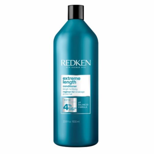 Après-shampooing Redken Extreme Length format 1 litre en bouteille turquoise, soin démêlant à la biotine pour cheveux longs et cassants, présenté sur fond blanc