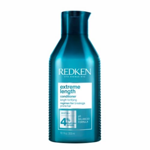 Après-shampooing Redken Extreme Length format 300 ml en bouteille turquoise, soin démêlant à la biotine pour cheveux longs et cassants, présenté sur fond blanc