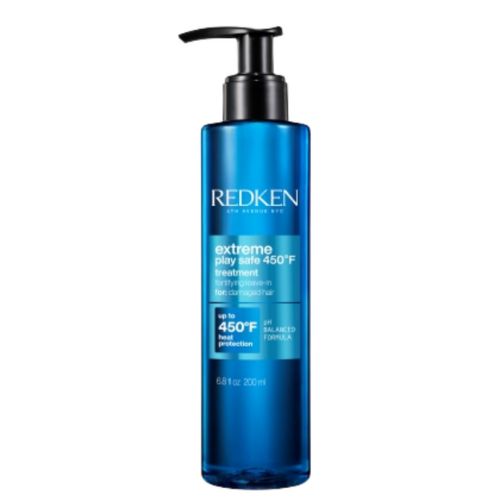 Flacon pompe REDKEN Extreme Play Safe 200 ml bleu métallique avec pompe noire, soin thermo-protecteur sans rinçage, présenté sur fond blanc professionnel.