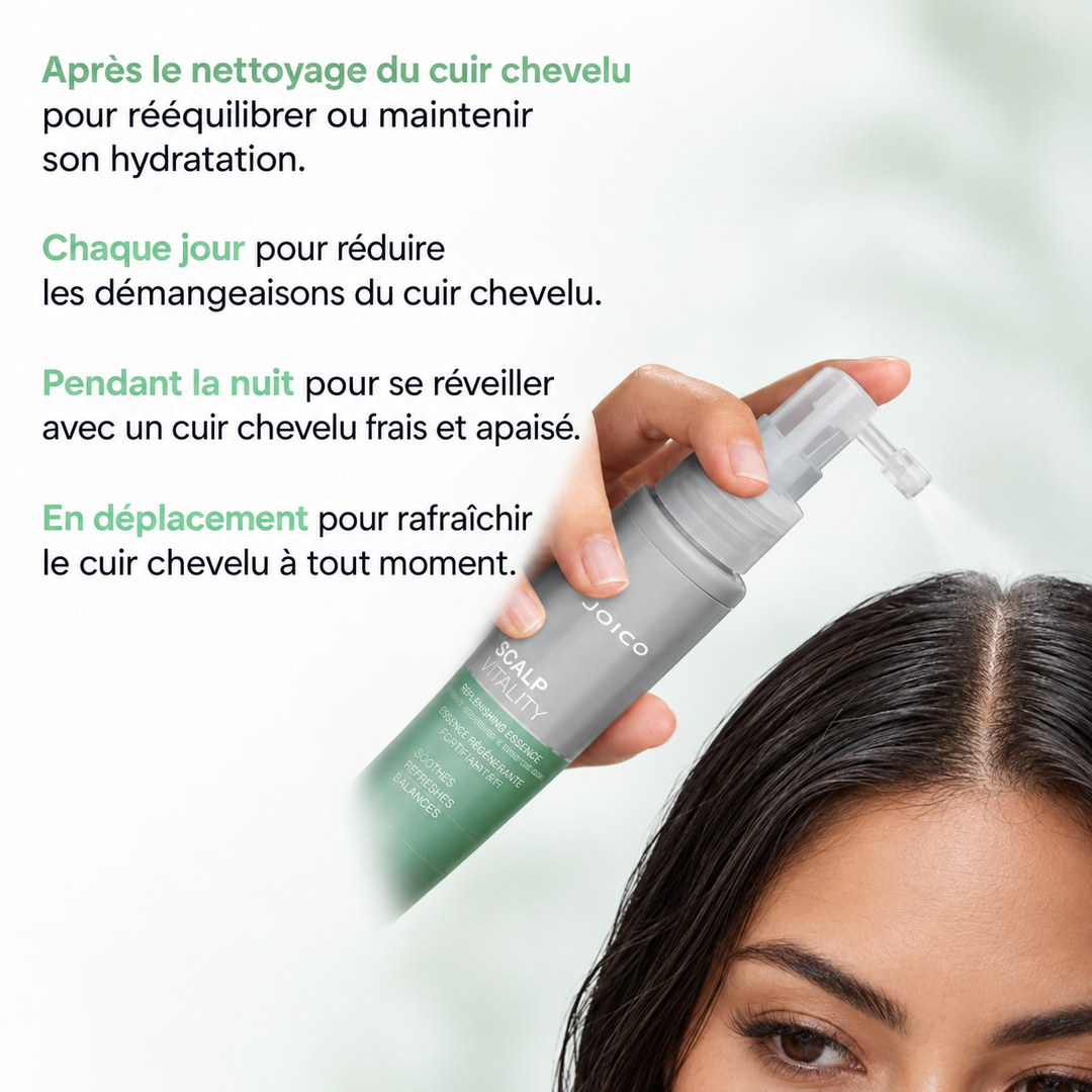 Essence nourrissante Joico Scalp Vitality en flacon argent et vert tenue au-dessus de la raie de cheveux foncés, avec embout applicateur ciblant directement le cuir chevelu; visuel expliquant son utilisation après le nettoyage, chaque jour, pendant la nuit ou en déplacement pour rafraîchir et apaiser le cuir chevelu.