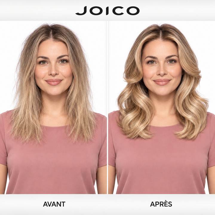 Comparatif avant et après Joico Defy Damage sur cheveux blonds : cheveux d’apparence sèche et terne avant, puis chevelure ondulée, brillante et visiblement plus lisse après la routine.