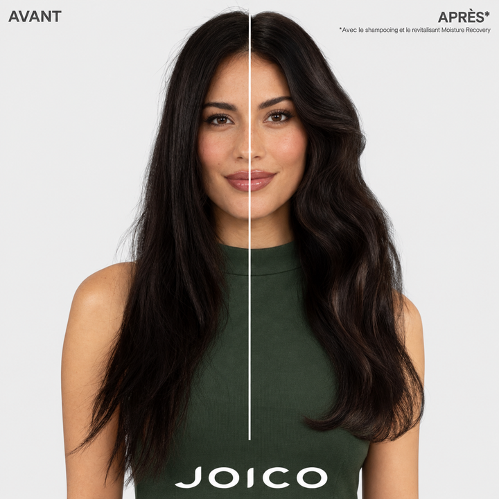 Avant et après Joico Moisture Recovery montrant des cheveux secs plus lisses, souples et brillants après le shampoing et le revitalisant hydratants.