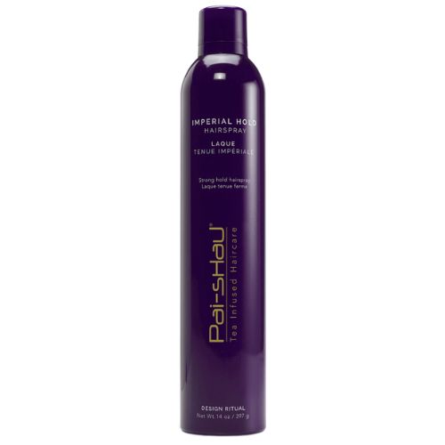 Flacon violet foncé de397g de la Laque Tenue Impériale Pai-Shau avec bouchon assorti, sur fond blanc. Spray coiffant haute tenue, à diffusion 360°, pour une fixation ferme, éclatante et durable.