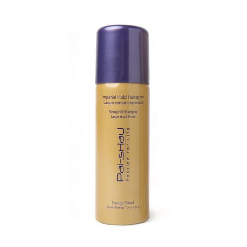 Spray coiffant Sublime tenu forte de Pai-Shau, flacon cylindrique doré mat avec bouchon violet foncé, 258g, sur fond blanc. Produit coiffant tenue forte, design épuré et professionnel.