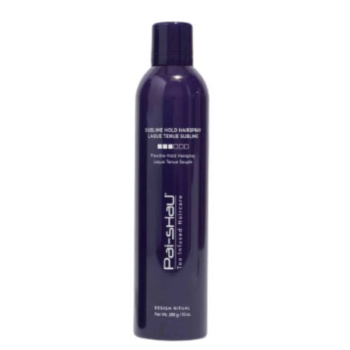 Flacon cylindrique violet foncé de 397 g de la Laque Tenue Sublime Pai-Shau, bouchon blanc, sur fond blanc. Spray coiffant souple, thermo-protecteur et anti-frisottis haut de gamme.