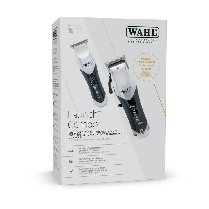Boîte du kit tondeuse WAHL Launch Combo avec tondeuse et tondeuse de précision sans fil, packaging professionnel blanc avec visuel des appareils.