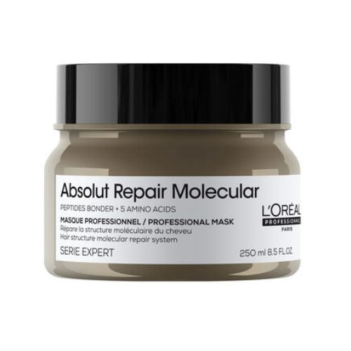 Masque capillaire L'Oréal Absolut Repair Molecular en pot doré, soin réparateur profond pour cheveux abîmés.