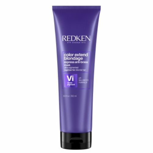 Tube violet REDKEN Color Extend Blondage masque pigmenté 250 ml avec bouchon noir, soin capillaire violet pour neutraliser les reflets jaunes des cheveux blonds, fond blanc.