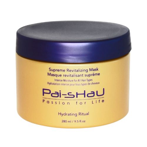 Pot rond doré mat de 280 ml du Masque Revitalisant Suprême Pai-Shau avec couvercle violet foncé, sur fond blanc. Masque capillaire hydratant et nourrissant haut de gamme à l’huile d’argan et thé infusé.
