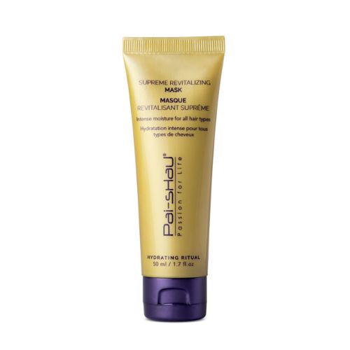 Tube doré mat de 50 ml du Supreme masque revitalisant Pai-Shau avec bouchon violet foncé, sur fond blanc. Masque capillaire hydratant pour tous types de cheveux, soin nourrissant haut de gamme.