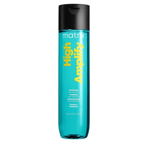 Bouteille turquoise de 300 ml du shampoing volumisant Matrix High Amplify, conçue pour donner du corps et du volume aux cheveux fins.