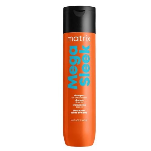 Bouteille orange de 300 ml du shampoing Matrix Mega Sleek Total Results, conçu pour lisser et contrôler les cheveux rebelles et sujets aux frisottis.