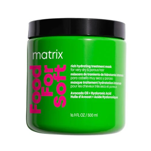 Masque capillaire hydratant Matrix Food For Soft au format 500 ml dans un pot vert, conçu pour nourrir intensément les cheveux secs et cassants.