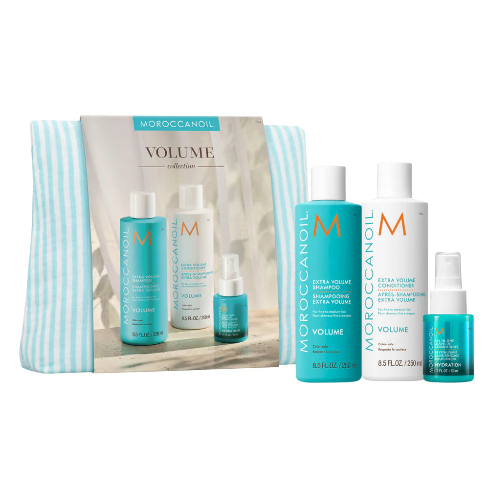Ensemble Volume Moroccanoil édition limitée comprenant shampoing volumisant, revitalisant volumisant et revitalisant sans rinçage avec trousse.