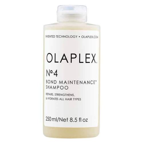 Flacon OLAPLEX No.4 250 ml, shampoing réparateur pour tous types de cheveux, bouchon blanc, étiquette blanche et grise