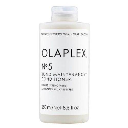 Flacon OLAPLEX No.5 250 ml, revitalisant après-shampoing hydratant et réparateur, avec bouchon blanc, étiquette blanche et grise
