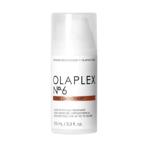 Flacon OLAPLEX No.6 100 ml, crème coiffante lissante sans rinçage pour tous types de cheveux, bouchon blanc, étiquette blanche et grise,
