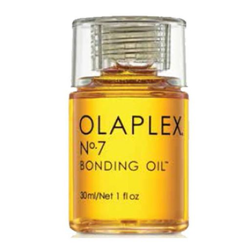 Flacon OLAPLEX No.7 30 ml, huile coiffante réparatrice de luxe, jaune doré translucide, bouchon blanc, étiquette grise et blanche