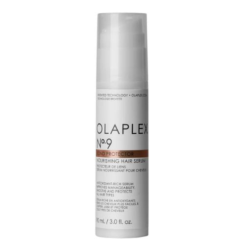Sérum capillaire OLAPLEX No.9 90 ml – bouteille blanche avec écriture noir, bouchon transparent, posée sur fond blanc. Soin capillaire sans rinçage, protecteur et thermo-actif.