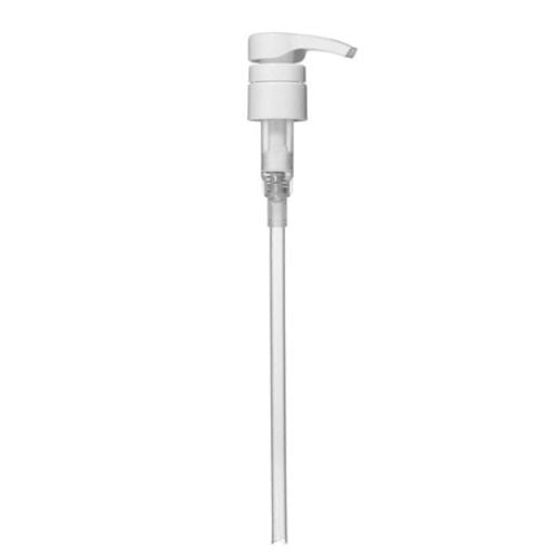 Pompe distributrice REDKEN blanche avec longue tige transparente pour bouteilles 1 litre de shampoing ou revitalisant sur fond blanc.