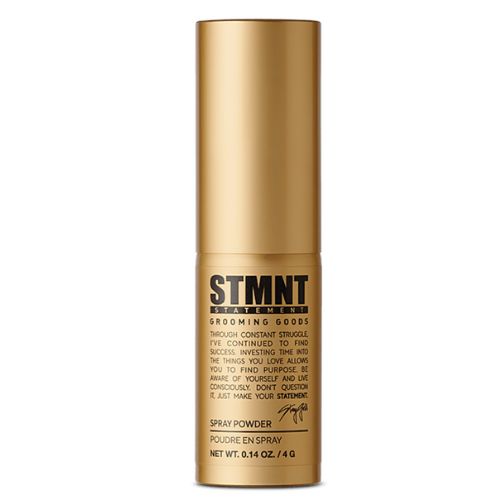 Flacon doré STMNT Spray Powder de 4 g avec poudre coiffante texturisante offrant volume instantané et fini mat extrême sur fond blanc.