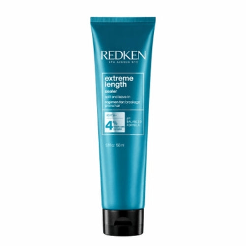 Tube bleu turquoise REDKEN Extreme Length Sealer traitement sans rinçage pour pointes fourchues 150 ml avec bouchon noir sur fond blanc.